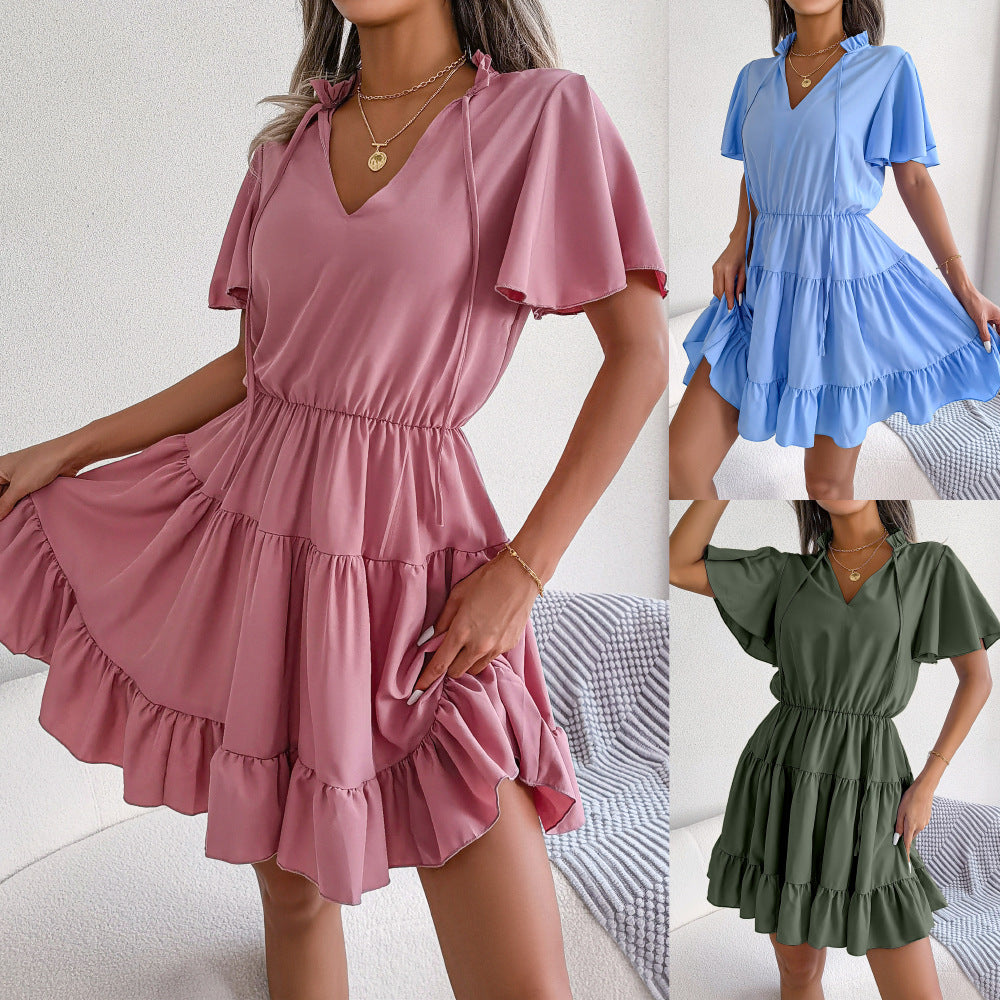 Spring Summer Flounced Ribbon Big Hem A- line Solid Color Dress Women Clothing BAGIISA