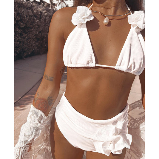 Traje de baño de bikini de tres puntos con tejido acanalado de color liso para mujer, cintura alta, tirantes, decoración 3D