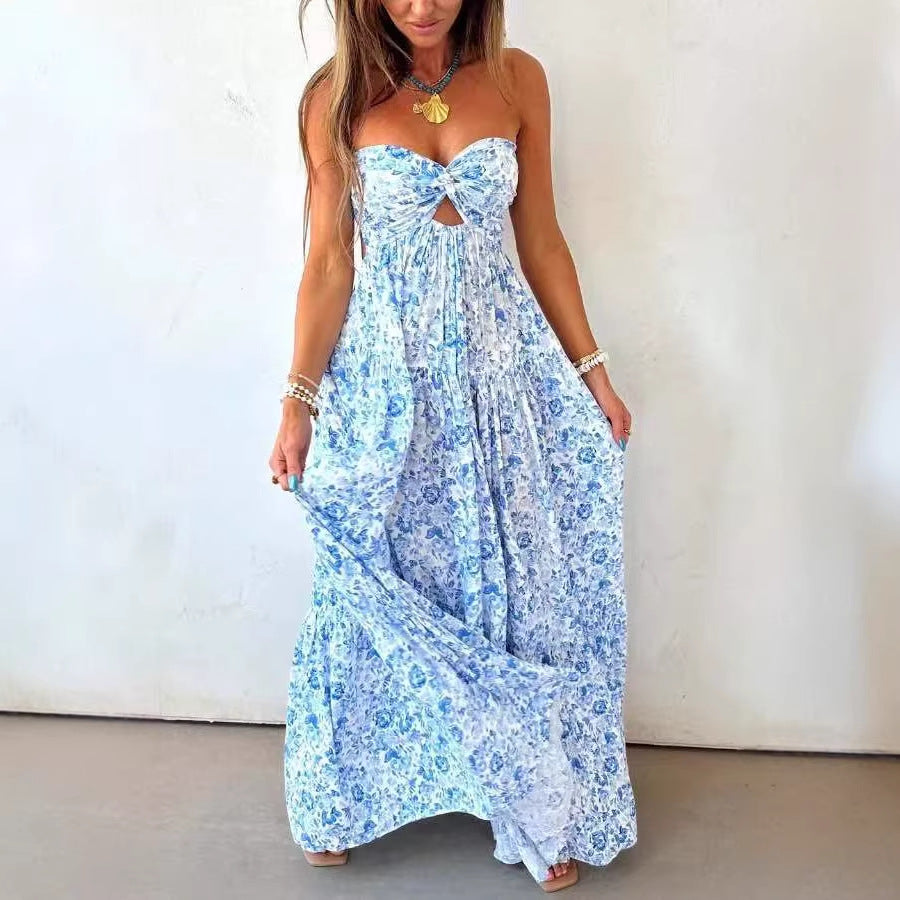 Summer Tube Top Floral Dress Seaside Vacation Twisted Hollow Out Cutout out Large Swing Dress for Women Gemi