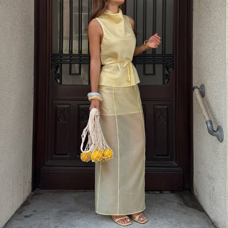 Women Clothing Sleeveless Vest Lace up Top High Waist Skirt Casual Two Piece Skirts Set Kigali
