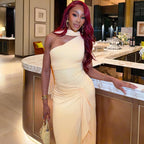 All Matching Graceful Women Pleated Slim Fit Sheath Dress Diagonal Collar Sleeveless Solid Color Dress Kinci