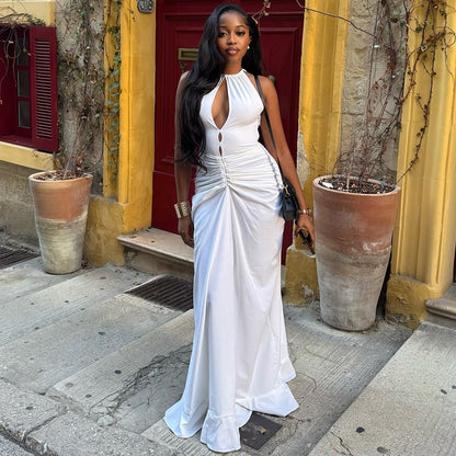 Women Clothing Pleated Sexy Cutout Hip Slim Fit Turtleneck Sleeveless Solid Color Length Dress