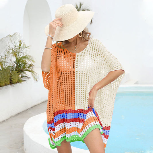 Summer Women Patchwork Cutout out Beach Dress Loose Beach Cover Up Women