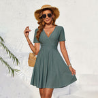 Knitted Embroidered Hollow Out Cutout Cross Collar Elastic Waist A line T shirt Short Dress Women Rogan