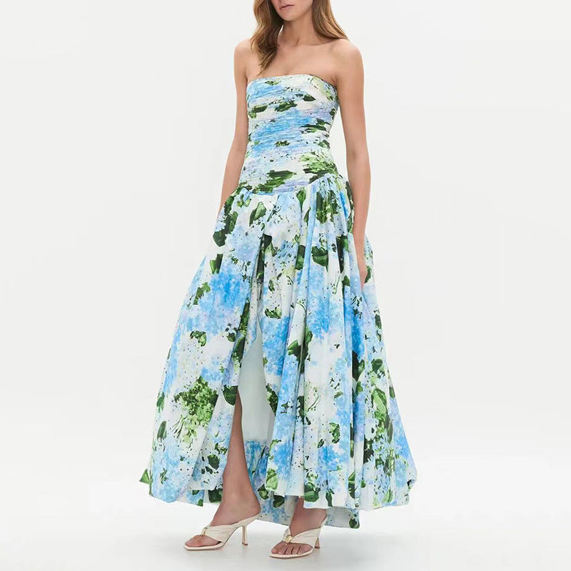 Seaside Vacation Dress for Women Summer Fresh Printed Sleeveless Tube Top Tight Waist Slimming Slit Maxi Dress Ory