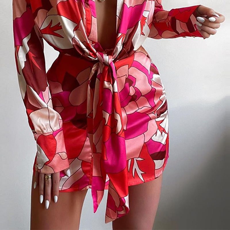 Summer Sexy Women Wear Collared Print Long Sleeve Narrow Shirt Dress HOPE