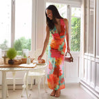 Summer Women Casual V neck Printed Lace up Mid Length Dress XUYUN