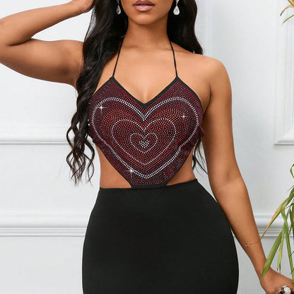 Love Rhinestone Halter Spaghetti Straps Dress Backless Lace up Bare Back Sex
