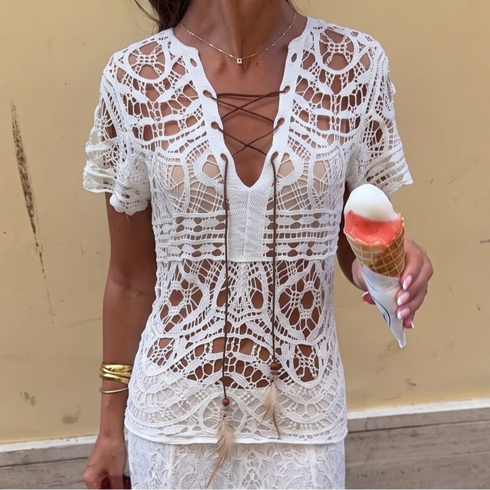 Hollow Out Cutout out Women Solid Color Beach Bikini Beach Casual Top Mangar