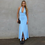 Women Clothing Sexy V neck Solid Color Sleeveless Halter Lace-up Backless Pleated Waist Tight Slimming Slit Dress