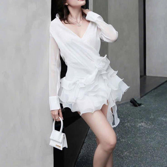 Sexy Lightly Mature Shirt Dress Summer V neck Stitching Floral Ruffled Ribbon Dress