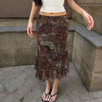 Retro Ethnic Print Wooden Ear Mesh Skirt Summer Niche Artistic Sense Vacation Sheath Skirt Women LingSharp
