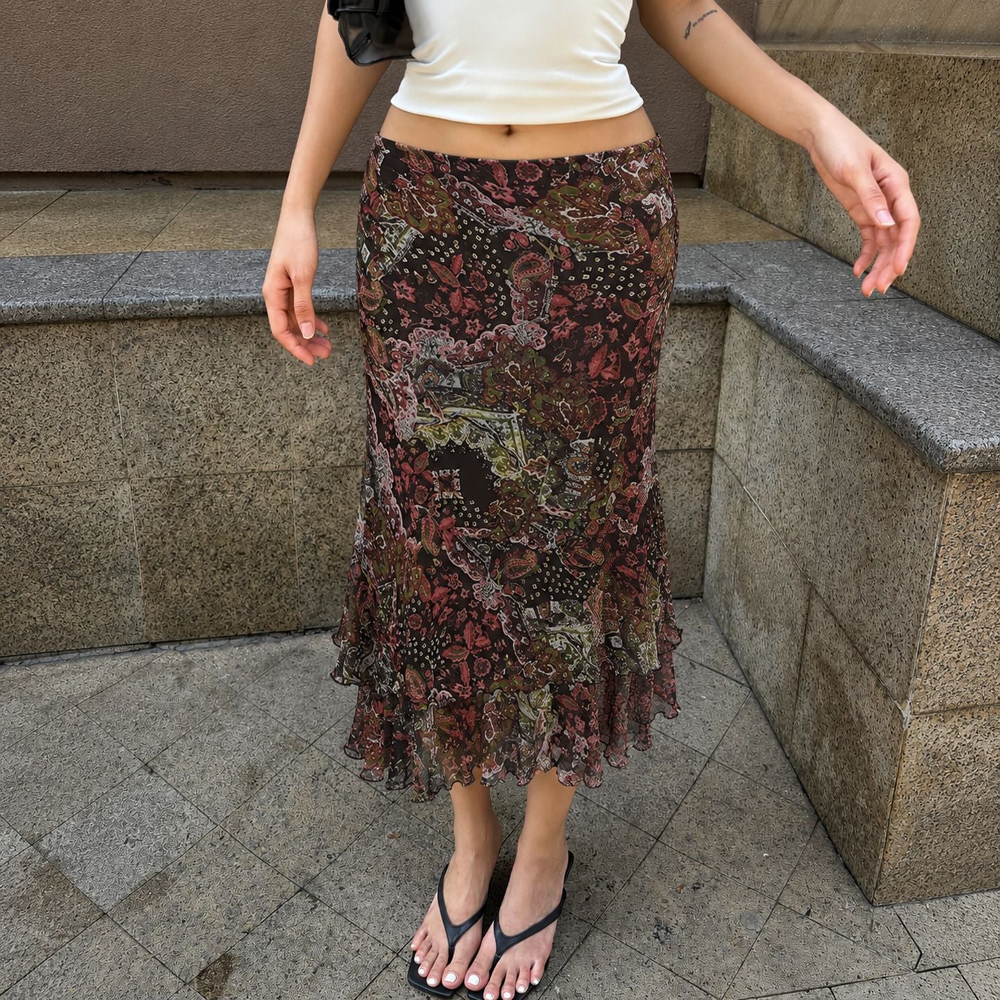 Retro Ethnic Print Wooden Ear Mesh Skirt Summer Niche Artistic Sense Vacation Sheath Skirt Women LingSharp
