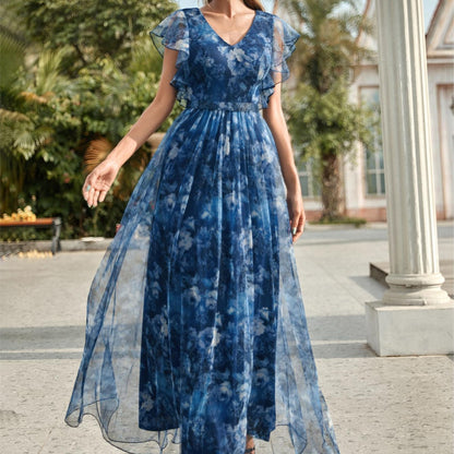 Evening Dress V neck Printed Mesh Ruffled Large Swing Party Dress Bridesmaid Dress Dance Dress Spring A Line