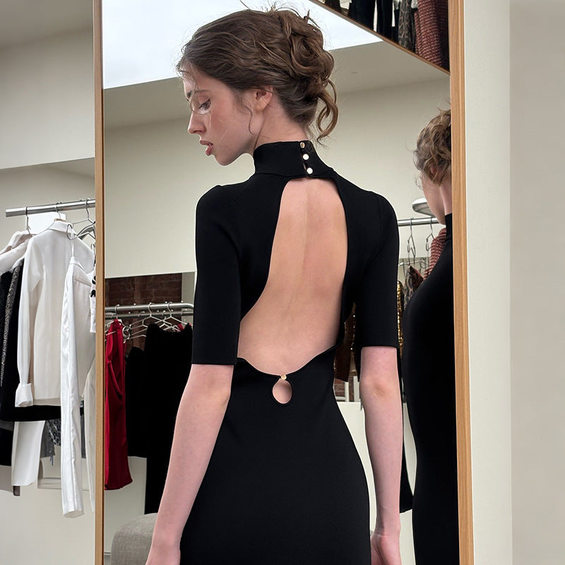 Summer Women Clothing French Half Turtleneck Backless Waist Trimming Dress Cecil