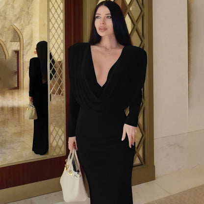 Fall Women Clothing Sexy Backless Swing Collar Slim Pleated Solid Color Long Sleeve Dress