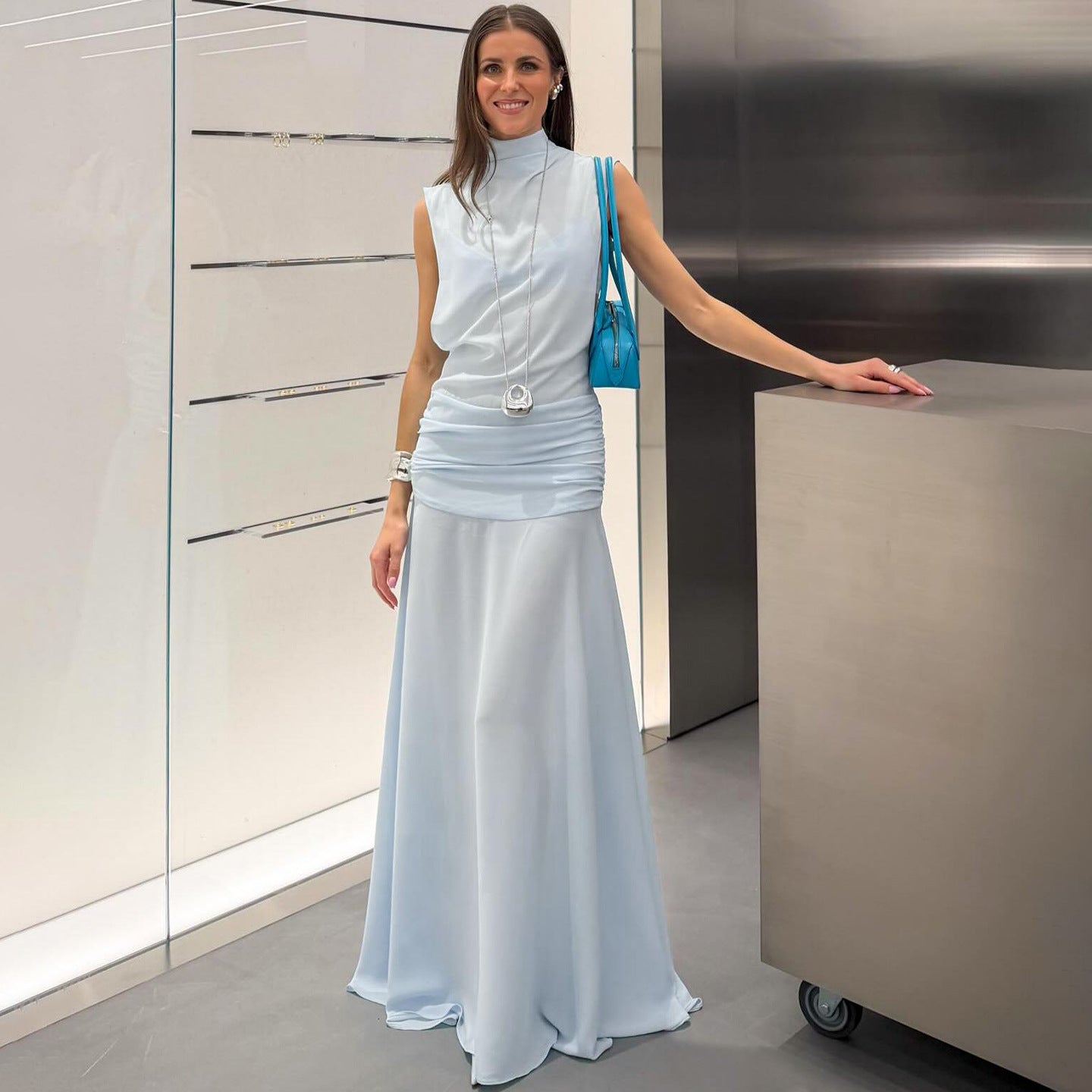 Spring Women Solid Color Slim Fit Elegant Graceful Stand Collar Sleeveless High Waist Sexy Dress YIMAIL