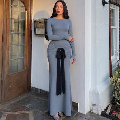 Women Clothing Summer Solid Color Pleated Waist Controlled Lace up Long Sleeve Dress Women