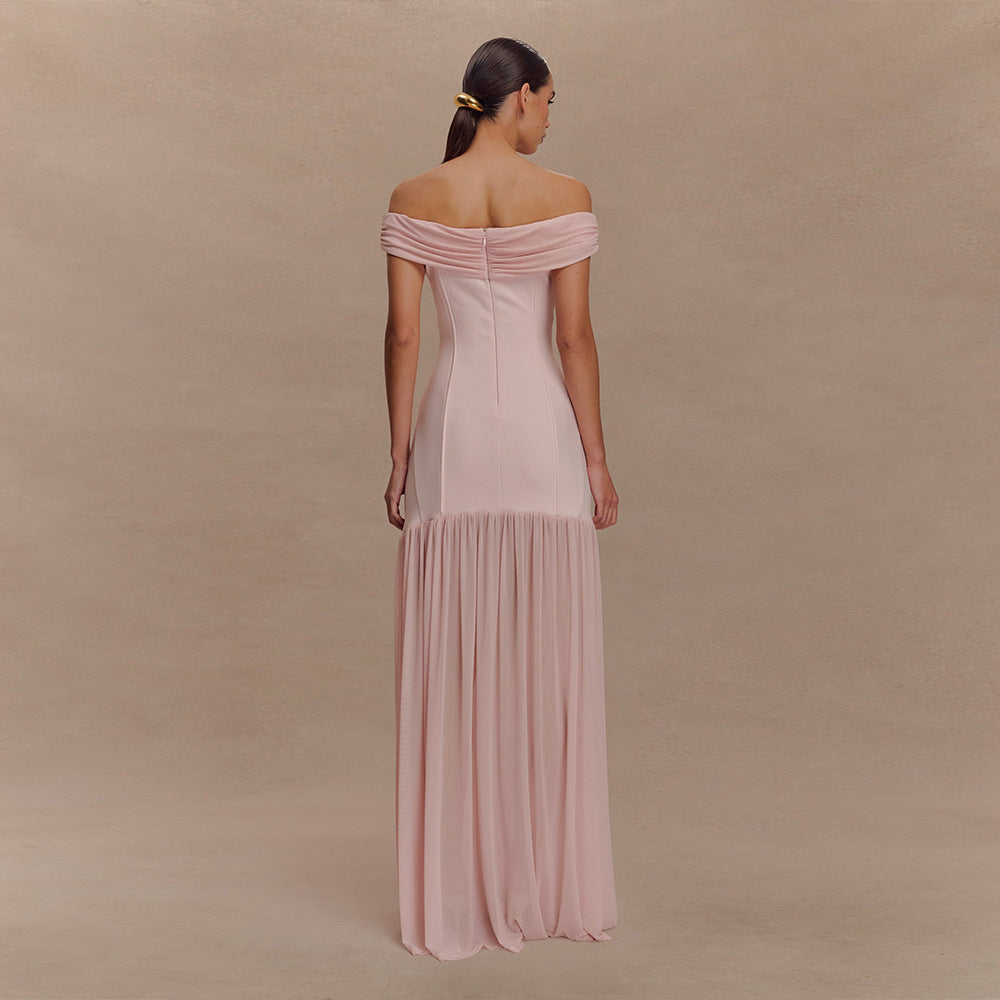 Elegant Tube Top Ladies Dress Sexy Mesh Stitching Backless Pleated Slim Fit Maxi Dress JULISSA