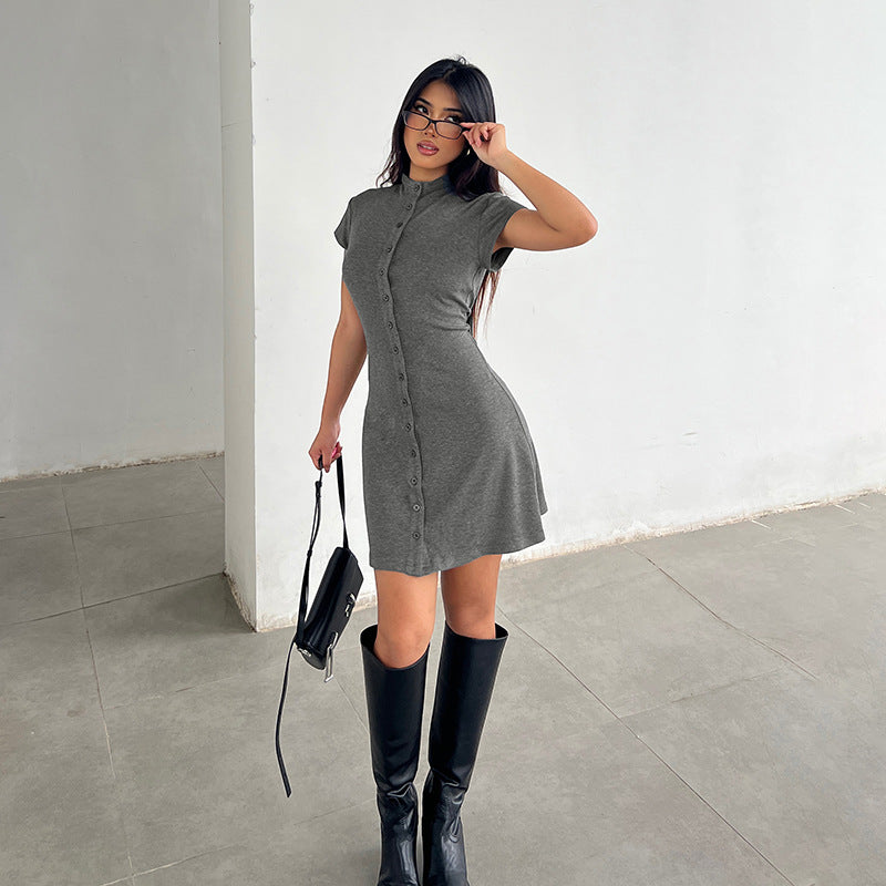 Elegant Women Clothing Office Minimalist Solid Color Single Breasted Stand Collar Short Sleeve Dress Tight Waist A line Short Summer LingSharp