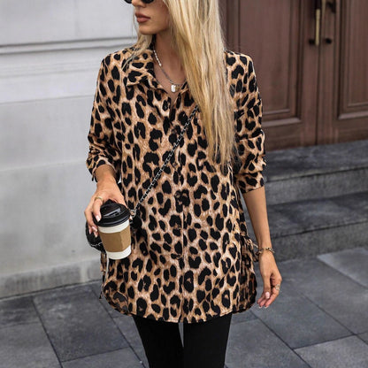 Women Autumn Satin Leopard Print Shirt Printed Long Sleeve Long Shirt