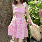 Vacation Seaside Summer Dress French Floral Lace up Light Luxury High Grade Elegant Dress Rogan