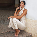 Summer Solid Color Sleeveless Halter Sexy Backless Satin Dress