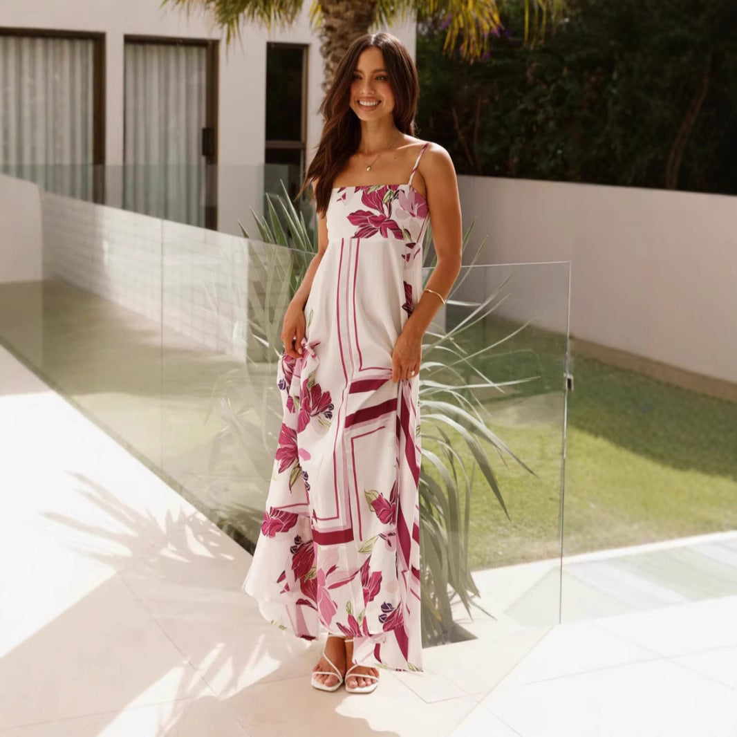Printed Sling High Waist A line Dress Casual Vacation Spaghetti Straps Maxi Dress Zemy