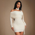 Women Summer Halter Ribbon Texture Slim Fit Slimming off Shoulder Hip Dress Yiskiss