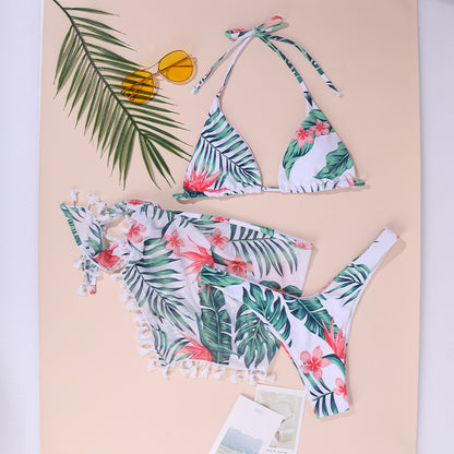 Sexy Seamless Print Split Swimsuit Three-piece Set Halter Lace-up Bikini