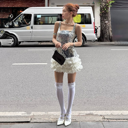 Women Clothing Fall Sexy Sling Sequin Contrast Color Slim Fit Dress