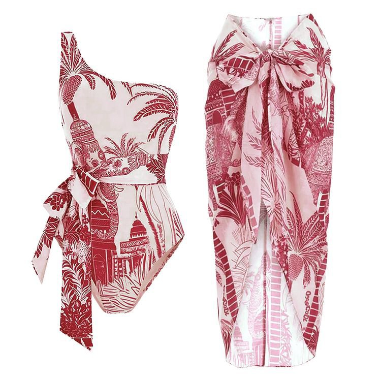 Maillot de bain une pièce amincissant à épaules inclinées et ceinture imprimée pour femme