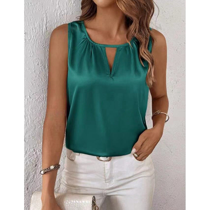 Ropa de mujer, camiseta plisada de satén de verano, chaleco de satén, top sin mangas con recortes calados
