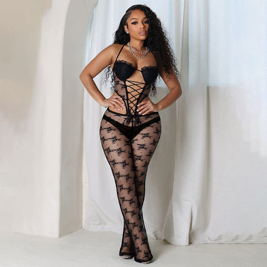 Women Spring Summer Lace Ribbon Padded Halter Lace up Tube Top Hollow Out Cutout-out Cropped Jumpsuit