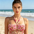 Women Pink Crystal Body Cha Metal Gemstone Shell Sexy Colorful Chest Necklace Hadid
