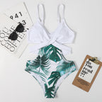 Maillot de bain une pièce à imprimé floral en forme de feuille, bikini triangle sexy à lacets, assorti à la couleur
