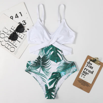 One-Piece Leaf-Shaped Floral Color Matching Women Swimsuit Lace-up Sexy Triangle Bikini