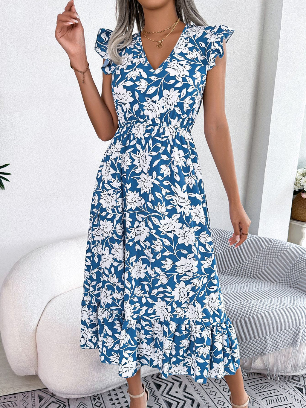 Spring Summer Casual Wooden Ear Floral Waist Slimming Maxi Dress Holiday Dress Women Clothing BAGIISA