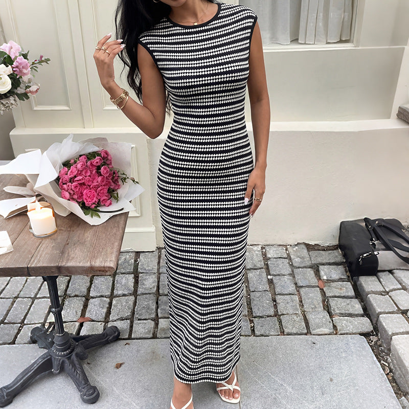 Knitted Vest Dress Summer Slim Fit Sheath Striped Sleeveless Maxi Dress Women Clothing Jeme