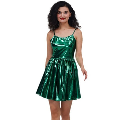 Vestido de lentejuelas con tirantes, de charol bronceado, color liso, sexy, plisado, para mujer
