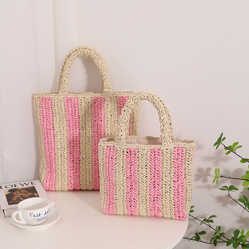 Vertical Stripes French Straw Bag Portable Contrast Color Straw Bag Woven Bag Women's Bag Seaside Vacation Beach Bag EaseWoven