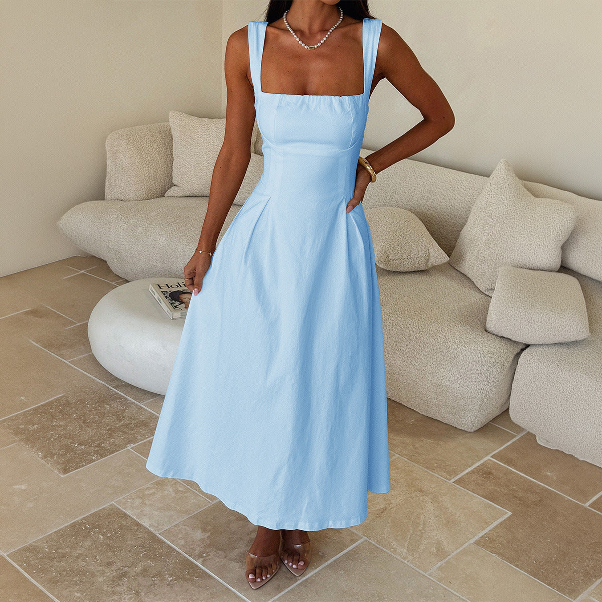Office Vacation Waist Trimming Spaghetti Straps Dress Women Clothing Summer Independent Dee