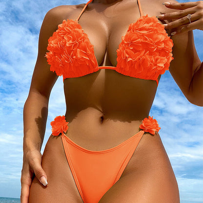 Bikini de pétalos de color liso con lazo para playa, traje de baño dividido para mujer