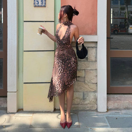 Summer Halter Dress Women Sexy Halter Leopard Print Mesh Dress