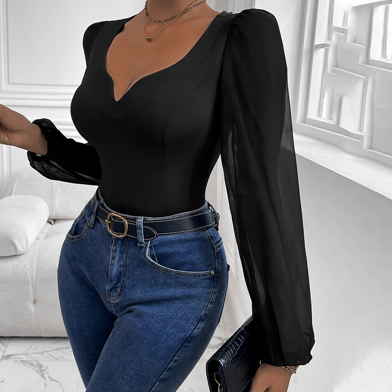 Women Clothing Black Mesh Stitching V neck Jumpsuit