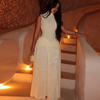 Elegant Socialite Women Clothes Cocktail Waist A line Dress High Collar Slim Fit Solid Color Maxi Dress Kinci