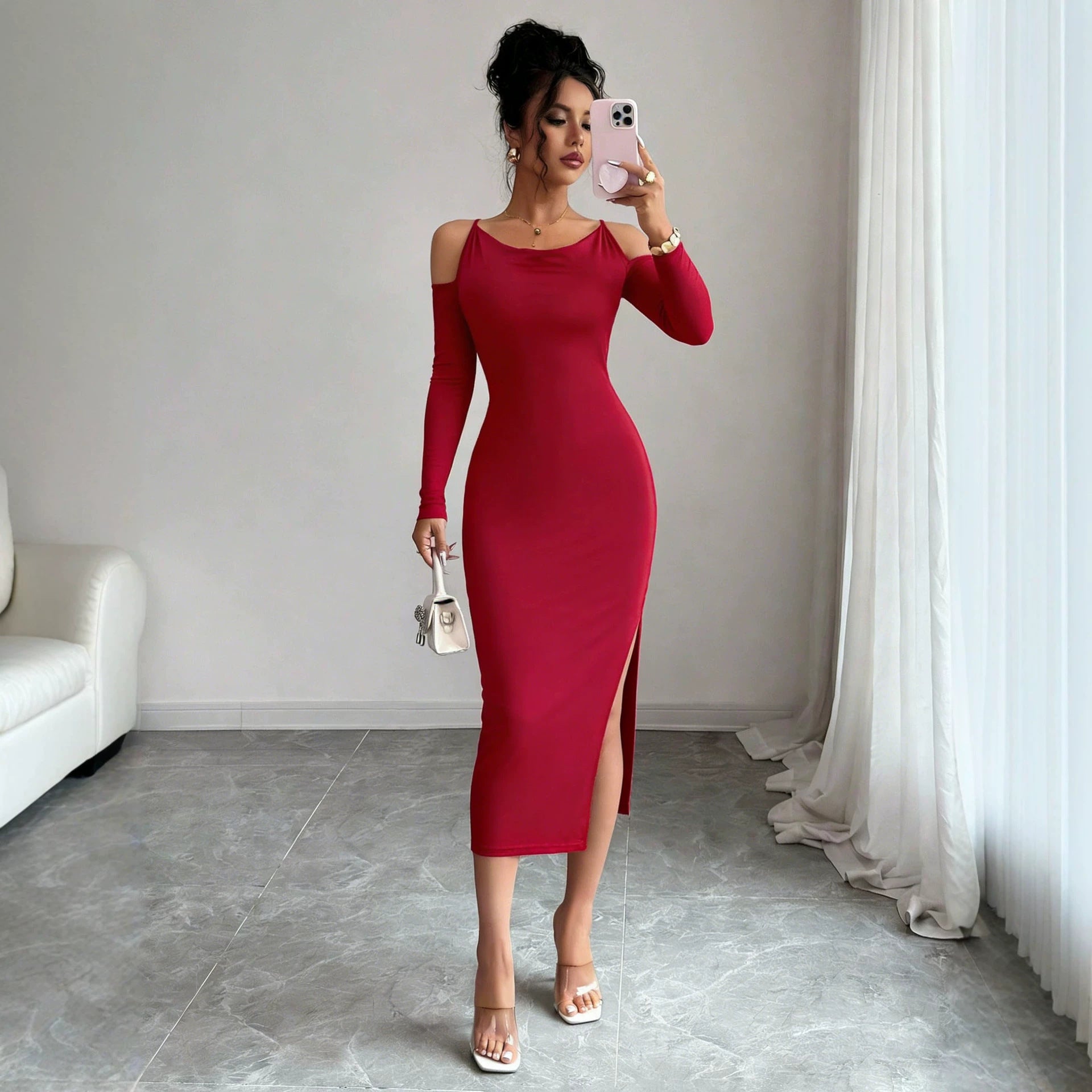 Cross Border Off Shoulder Dress Slimming Slit Bodycon Long Sleeve Formal Mid Length Dress For Banquets Yiskiss