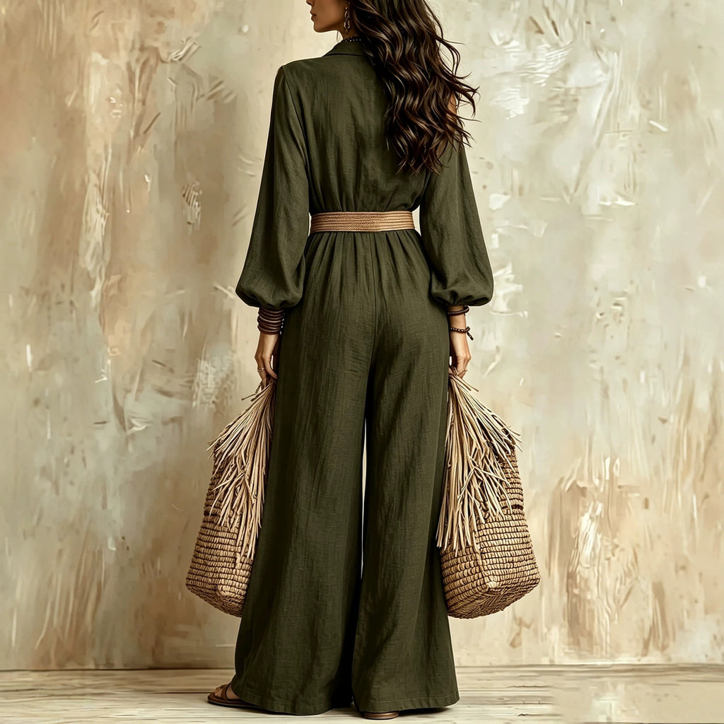 Bohemian Shirt Jumpsuit Graceful Puff Sleeve Wide Leg Long Jumpsuit with Belt Venly