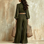 Bohemian Shirt Jumpsuit Graceful Puff Sleeve Wide Leg Long Jumpsuit with Belt Venly