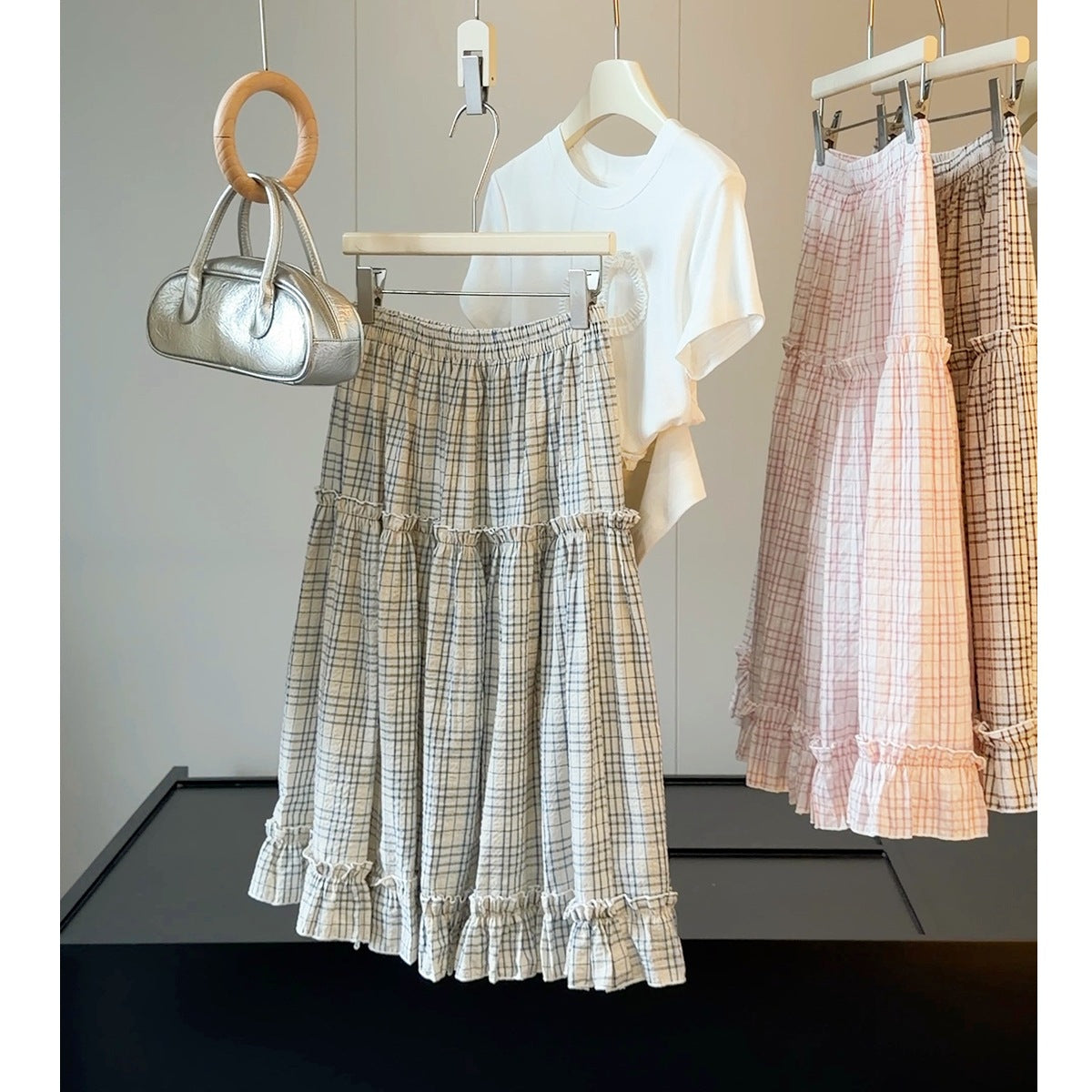 Ruffled Bubble Cotton Plaid Skirt Women Summer High Waist Slimming A Line Mid Length Skirt Sunnygrace